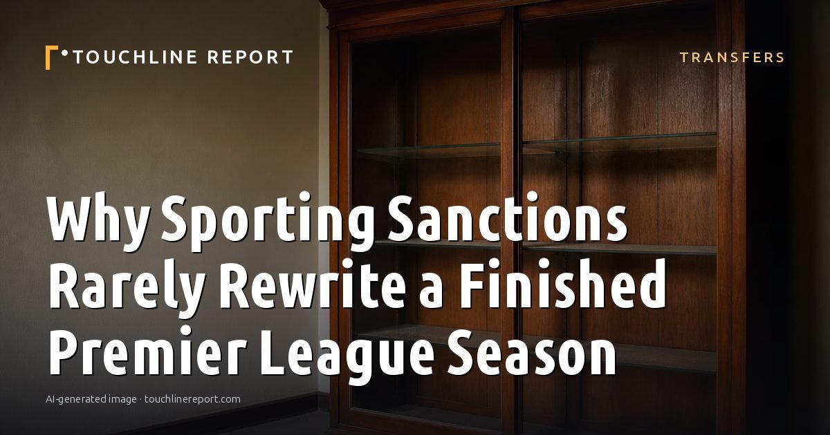 Illustration for the Transfers article “Why Sporting Sanctions Rarely Rewrite a Finished Premier League Season”: an AI-generated editorial illustration showing an empty training ground at dawn with cones and markers laid out, with the headline set over it. Illustrative only, not a photograph of a real event.