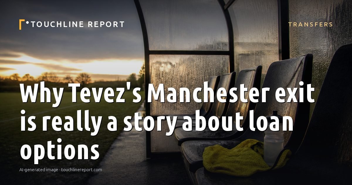 Illustration for the Transfers article “Why Tevez's Manchester exit is really a story about loan options”: an AI-generated editorial illustration showing a scene illustrating the subject of the article, with the headline set over it. Illustrative only, not a photograph of a real event.