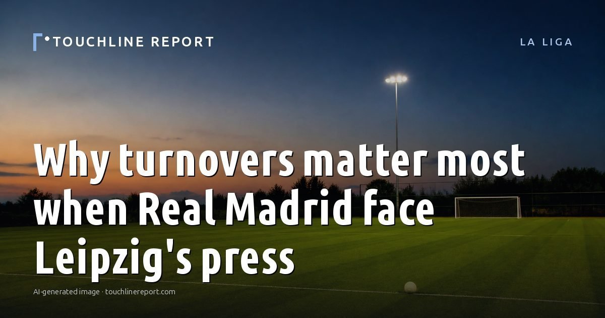 Illustration for the La Liga article “Why turnovers matter most when Real Madrid face Leipzig's press”: an AI-generated editorial illustration showing a scene illustrating the subject of the article, with the headline set over it. Illustrative only, not a photograph of a real event.