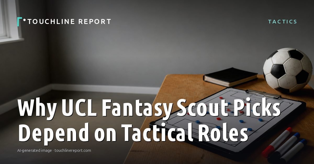 Illustration for the Tactics article “Why UCL Fantasy Scout Picks Depend on Tactical Roles”: an AI-generated editorial illustration showing an empty training ground at dawn with cones and markers laid out, with the headline set over it. Illustrative only, not a photograph of a real event.