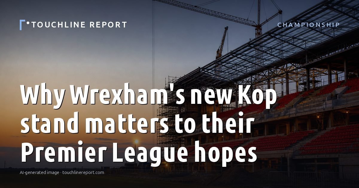 Illustration for the Championship article “Why Wrexham's new Kop stand matters to their Premier League hopes”: an AI-generated editorial illustration showing an empty training ground at dawn with cones and markers laid out, with the headline set over it. Illustrative only, not a photograph of a real event.