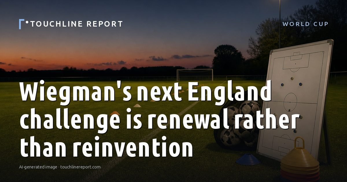 Illustration for the World Cup article “Wiegman's next England challenge is renewal rather than reinvention”: an AI-generated editorial illustration showing an empty training ground at dawn with cones and markers laid out, with the headline set over it. Illustrative only, not a photograph of a real event.