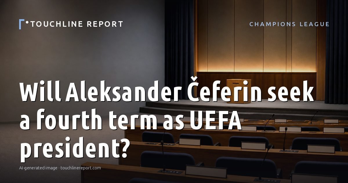 Illustration for the Champions League article “Will Aleksander Čeferin seek a fourth term as UEFA president?”: an AI-generated editorial illustration showing an empty training ground at dawn with cones and markers laid out, with the headline set over it. Illustrative only, not a photograph of a real event.