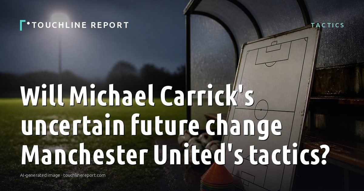 Illustration for the Tactics article “Will Michael Carrick's uncertain future change Manchester United's tactics?”: an AI-generated editorial illustration showing a scene illustrating the subject of the article, with the headline set over it. Illustrative only, not a photograph of a real event.