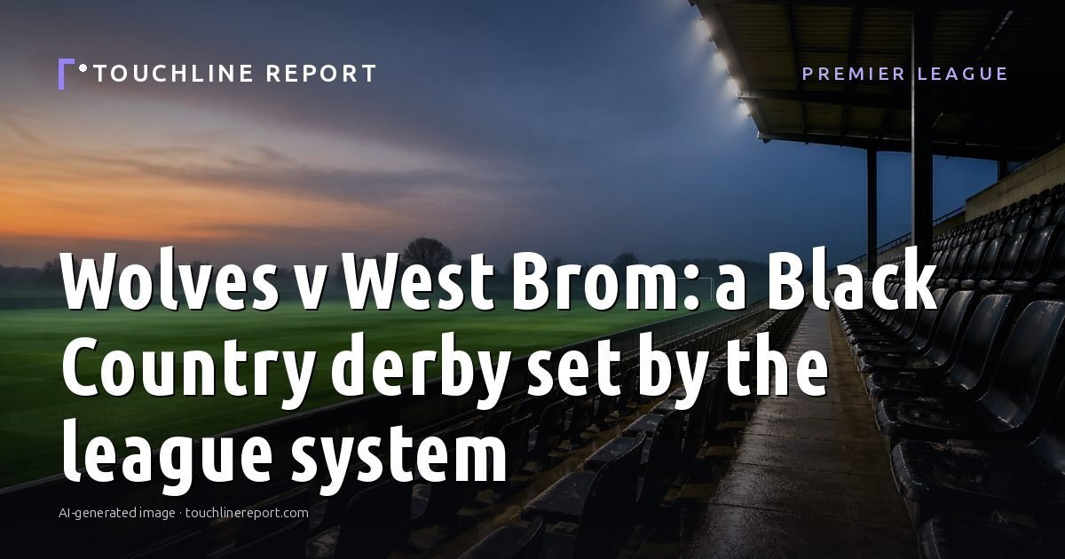 Illustration for the Premier League article “Wolves v West Brom: a Black Country derby set by the league system”: an AI-generated editorial illustration showing a scene illustrating the subject of the article, with the headline set over it. Illustrative only, not a photograph of a real event.